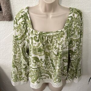 NICOLE MILLER Women’s Loose Fitting Green Paisley Embroidered Top Size S-M EUC